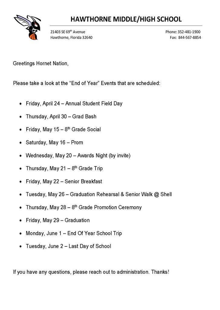 List of end of school events for all students