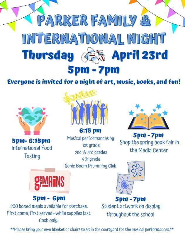 Everyone is invited to the International Night with Families Enjoy Music, book fair, food,  and art