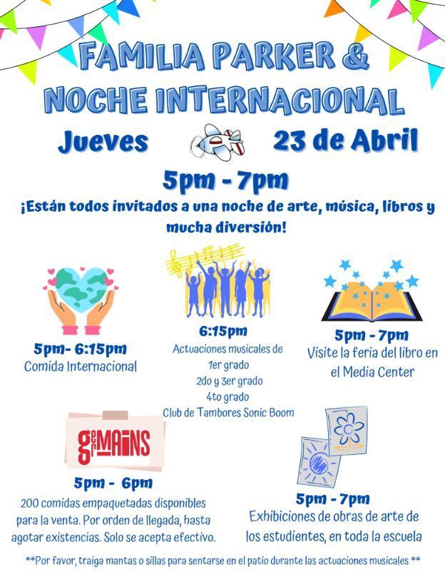 Books, hearts, music, food celebration written in english and spanish, text showing date and time