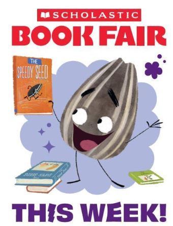 Bad seed holding a book text says Scholastic Book Fair this week!