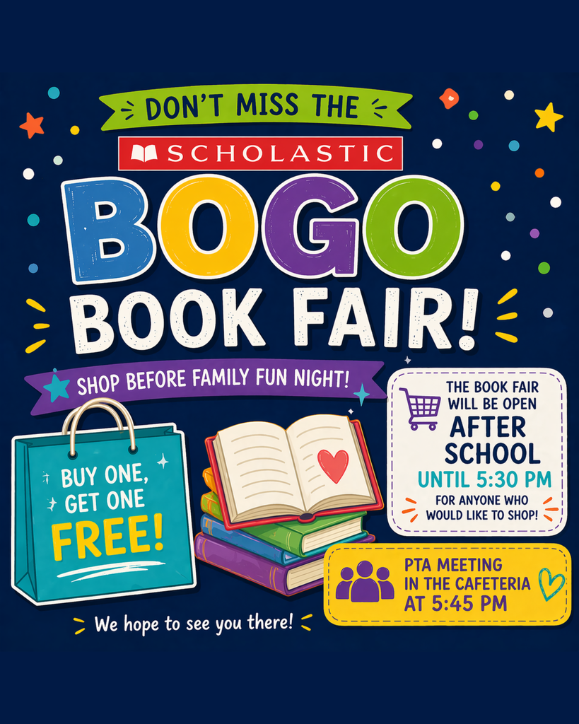 A shopping bag and stack of books accompany information about the BOGO book fair that will be taking place until 5:30pm. A PTA meeting will follow at 5:45pm.