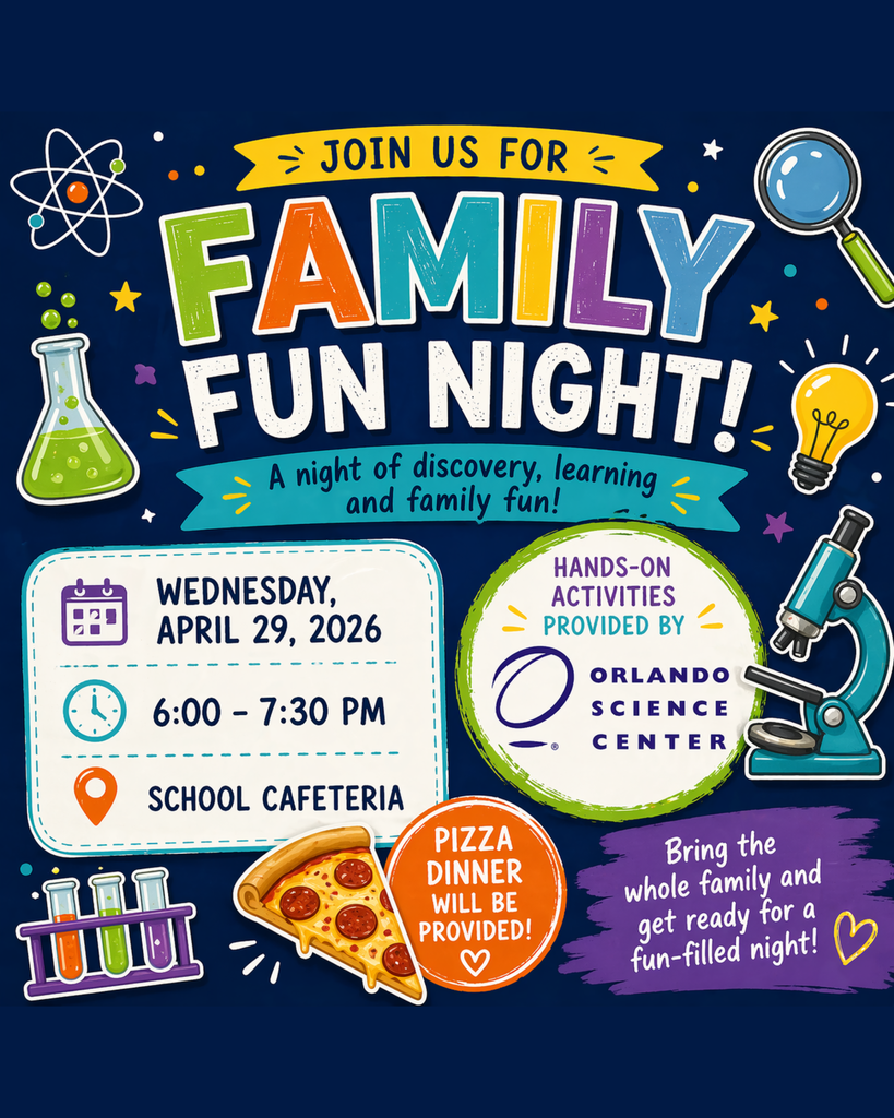 Various science images (microscopes, test tubes, magnifying glass, etc) are scattered around the image showcasing fun things that might be used at the science event.