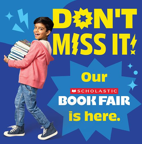 Book fair advertisement with kid holding a lot of books
