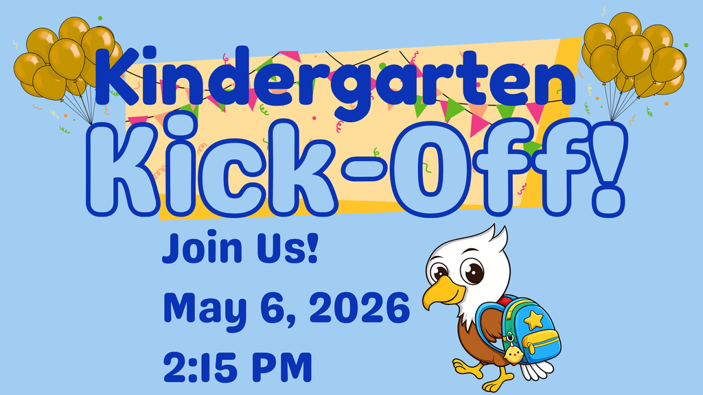 Balloons and banners celebrate a small eaglet wearing a backpack ready to start school