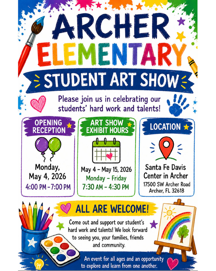 Colorful paint splatters, painting materials and an easel decorate a flier with information about the upcoming  art show.