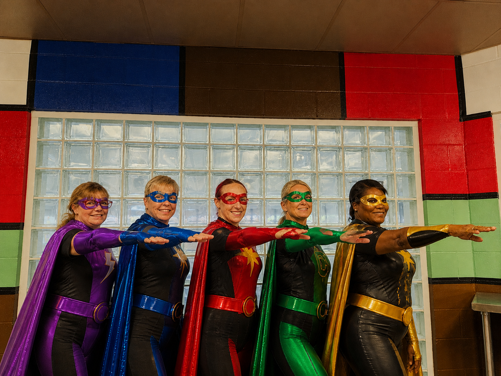 5 lunch ladies in super hero costumes