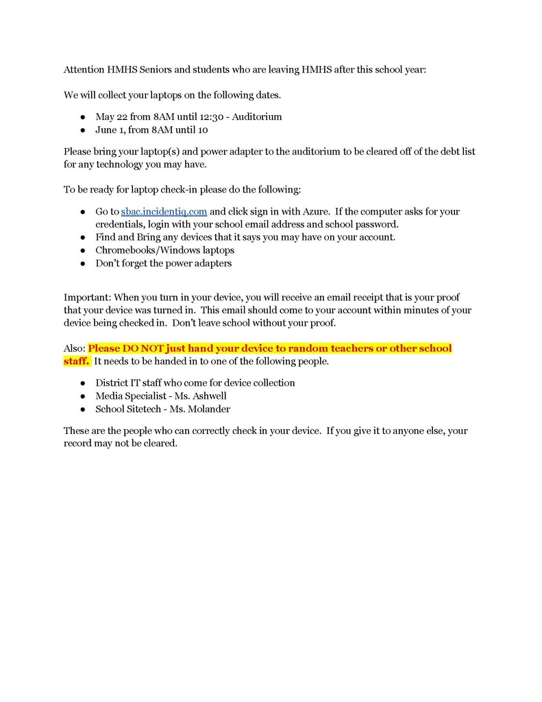 Information for seniors on how to return laptops