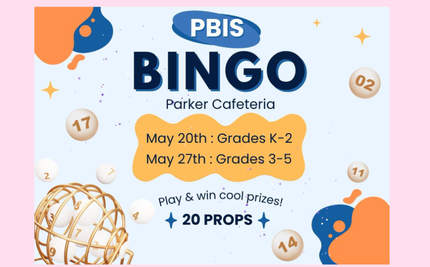 Bingo balls scattered on page with information about attending the PBIS bingo in the cafeteria