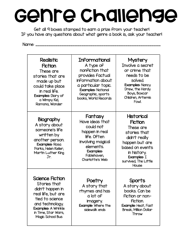 For older kids to take the genre challenge for summer. an explanation of each genre is detailed