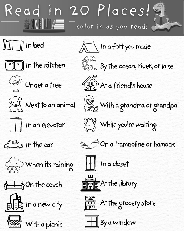 Pictures showing places to read over the summer to meet the summer challenge