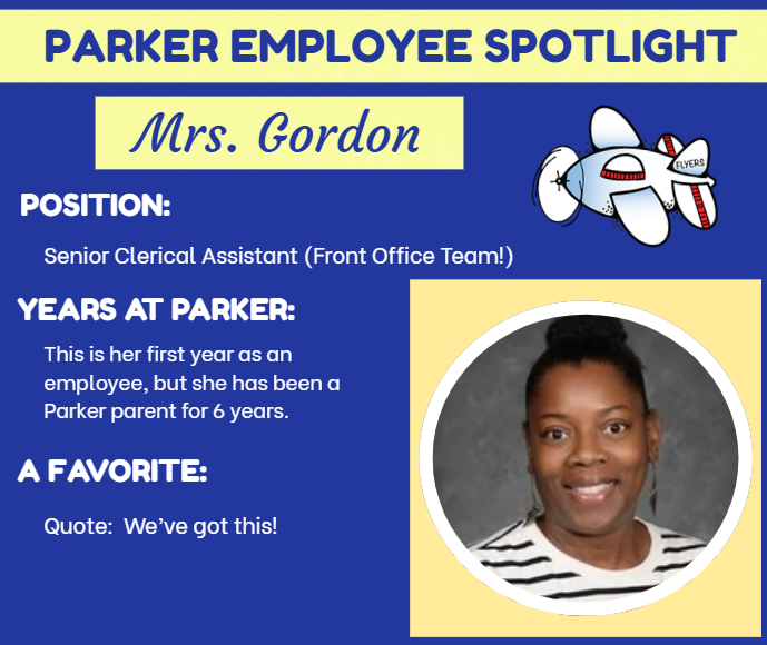 Employee spotlight with flyer plane and photo. Lists favorite quote and years at Parker