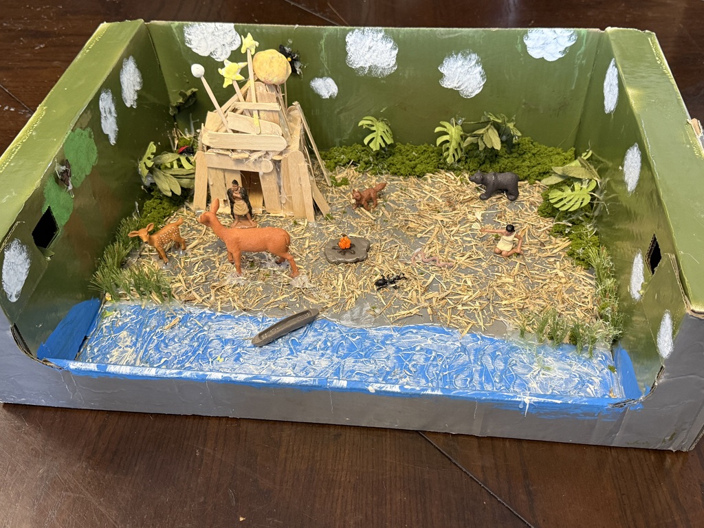 Native American Diorama with household objects depicting huts, water, hay, animals.