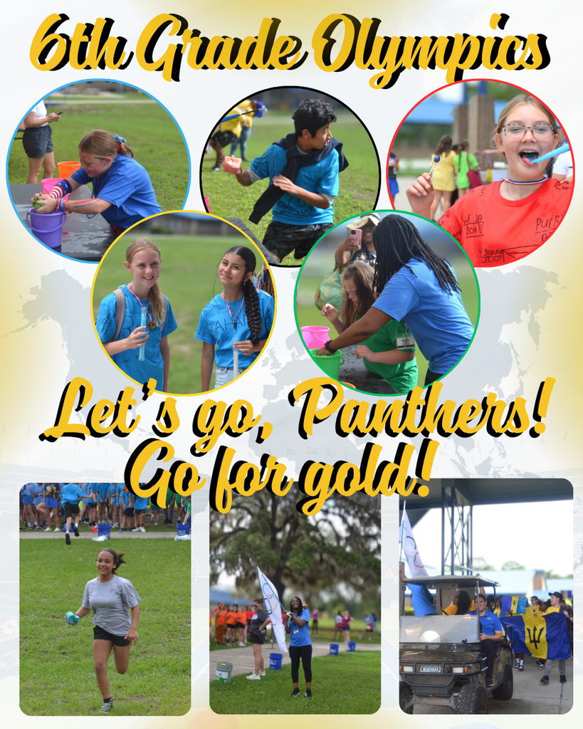 Various pictures of students and teachers participating in the 6th Grade Olympics: Parade of countries, relay race, and medal awards. 