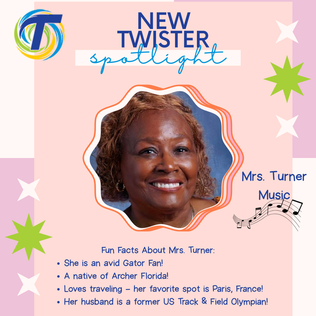 pink and purple background with a headshot of Mrs. Turner with music notes