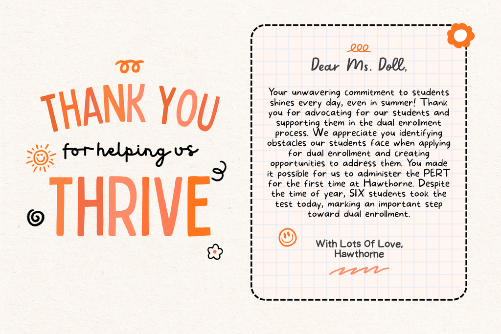 A thank you note for our high school counselor, Ms. Karen Doll, featuring orange and black doodle designs.