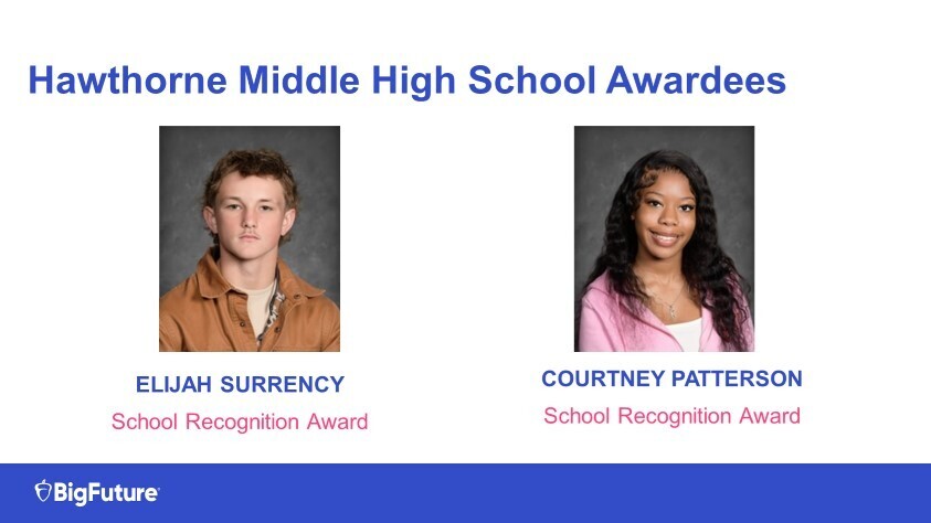 Graphic recognizing Hawthorne Middle High School awardees, featuring student portraits of Elijah Surrency and Courtney Patterson, each receiving a School Recognition Award.