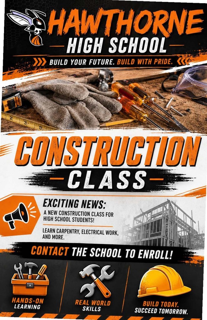 Hawthorne Middle/High School is excited to introduce a new construction program beginning in the 2026–27 school year, giving students hands on access to one of Florida’s fastest growing career fields. This program opens a direct pathway to high-demand workforce opportunities while empowering students to learn by doing and build a strong foundation for their future.