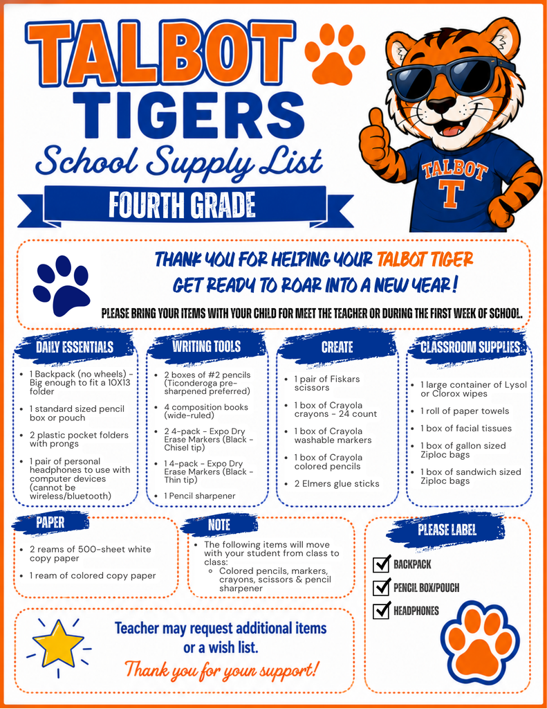Fourth Grade Supply List