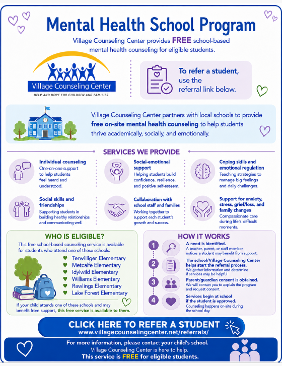 Mental Health School Program flyer from Village Counseling Center offering free school-based mental health counseling for eligible students.