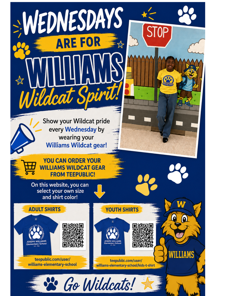 Blue and yellow school spirit shirt flyer featuring Joseph Williams Elementary Wildcat-themed shirts.