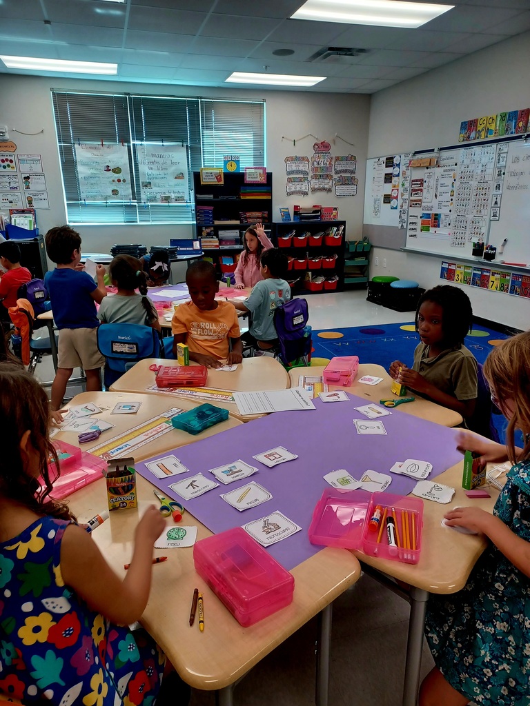 classroom of students working on purple posters