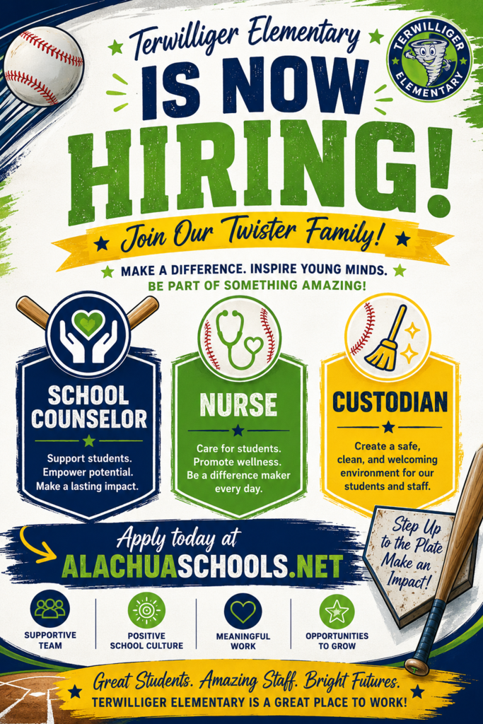 green blue and yellow flyer advertising open positions for a counselor, nurse, and custodian and listing the website to find more information