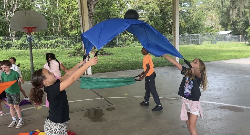 Students working together to catch ball in parachute.