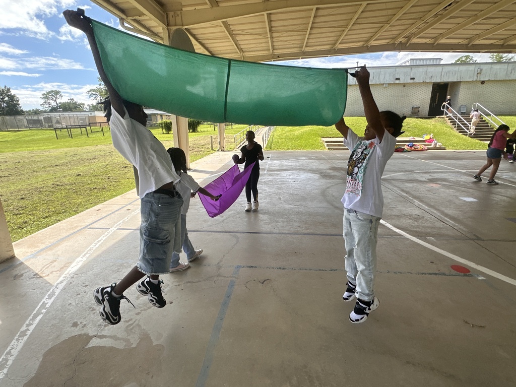 Students working together to catch ball in parachute. 