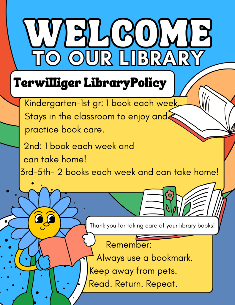 colorful flyer with flowers and books reminding students to use a book mark to read return and repeat