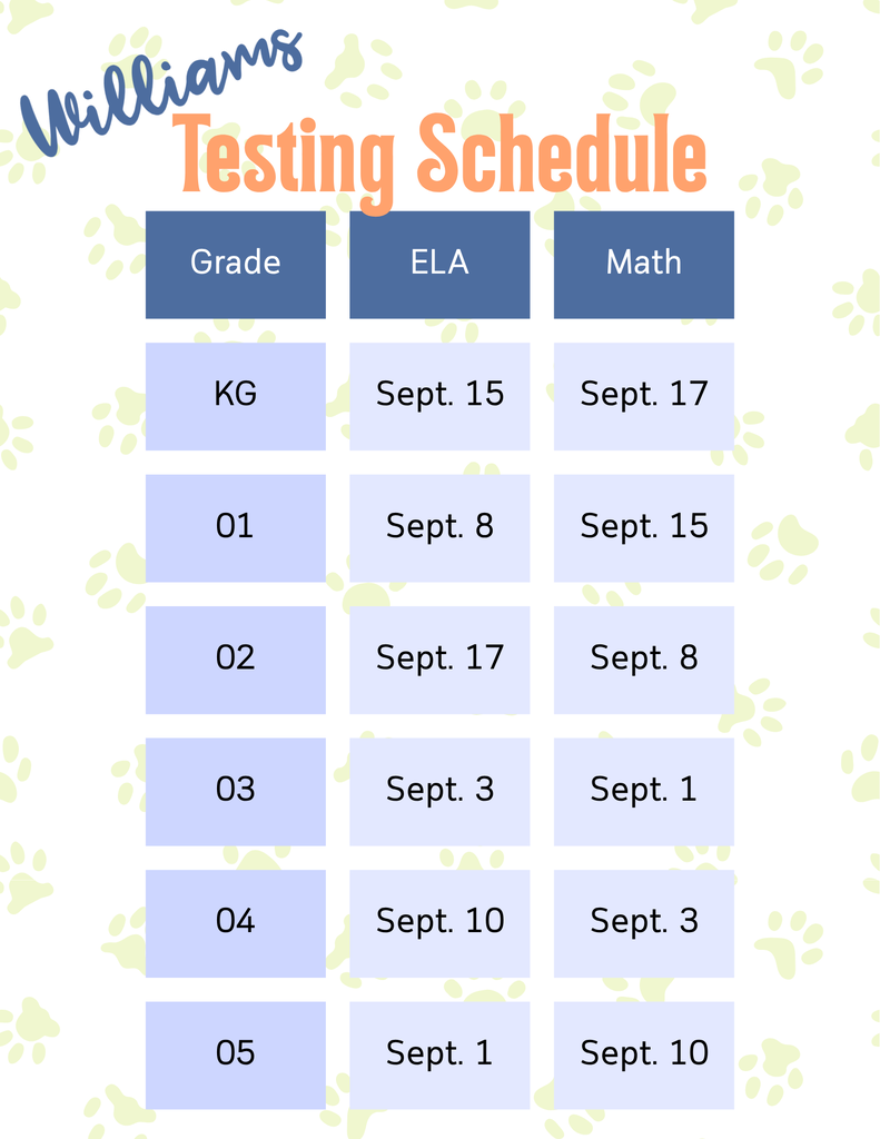 Williams testing schedule grades and dates