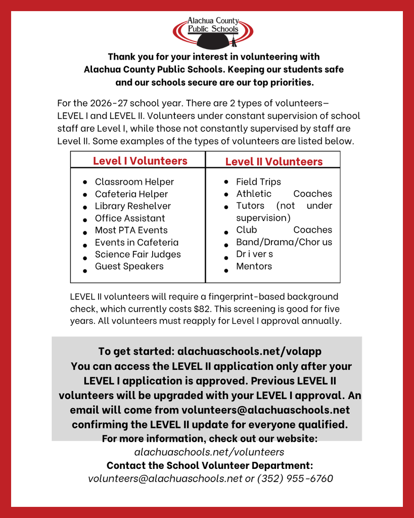 Alachua County Public Schools volunteer flyer outlining Level I and II roles, requirements, application steps, and contact information.
