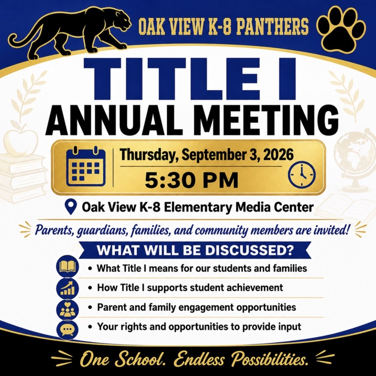 Join us for our Annual Title 1 Parent Meeting Thursday, September 3 at 5:30 in the Media Center  