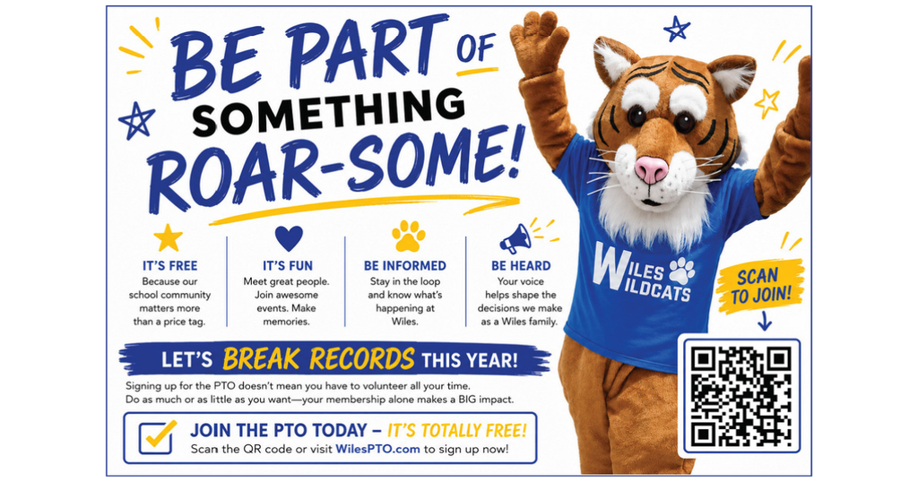 Promotional flyer with a cheering wildcat mascot in a Wildcats shirt, bold “Be part of something roar-some!” text, PTA sign-up, and QR code.