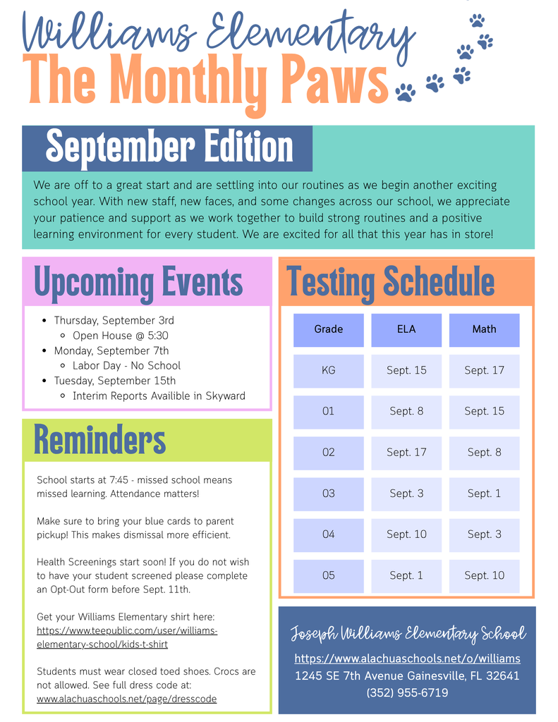 Colorful monthly newsletter with September information
