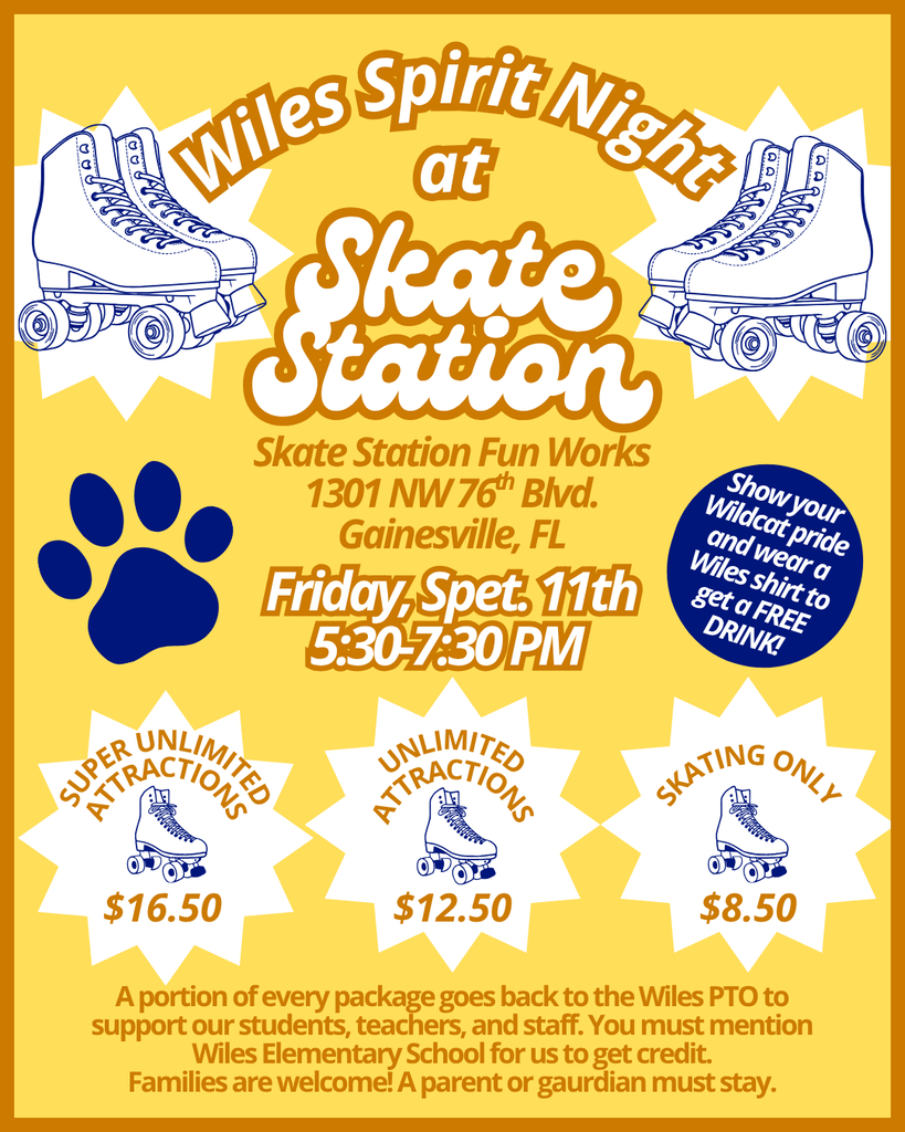Bright yellow retro flyer for Wiles Spirit Night at Skate Station, featuring roller skates, paw print, event details, prices, and cheerful family tone.