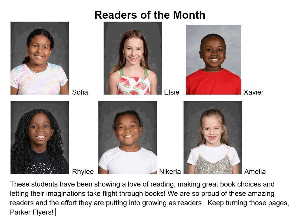 six student photos and first name of Readers of the month
