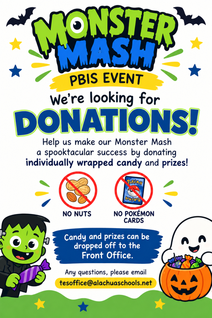 flyer asking for candy and prizes with a green monster, a ghost and a pumpkin candy bucket and bats