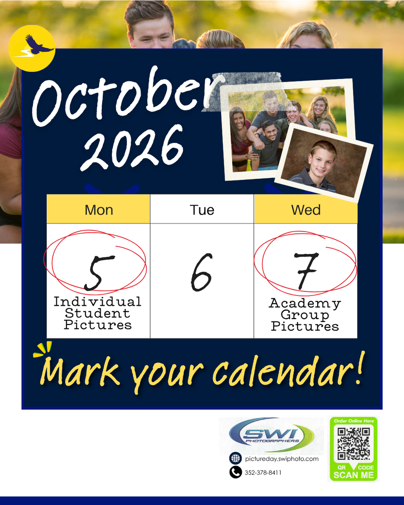 October 5 is individual student pictures and October 7 is academy group picture day