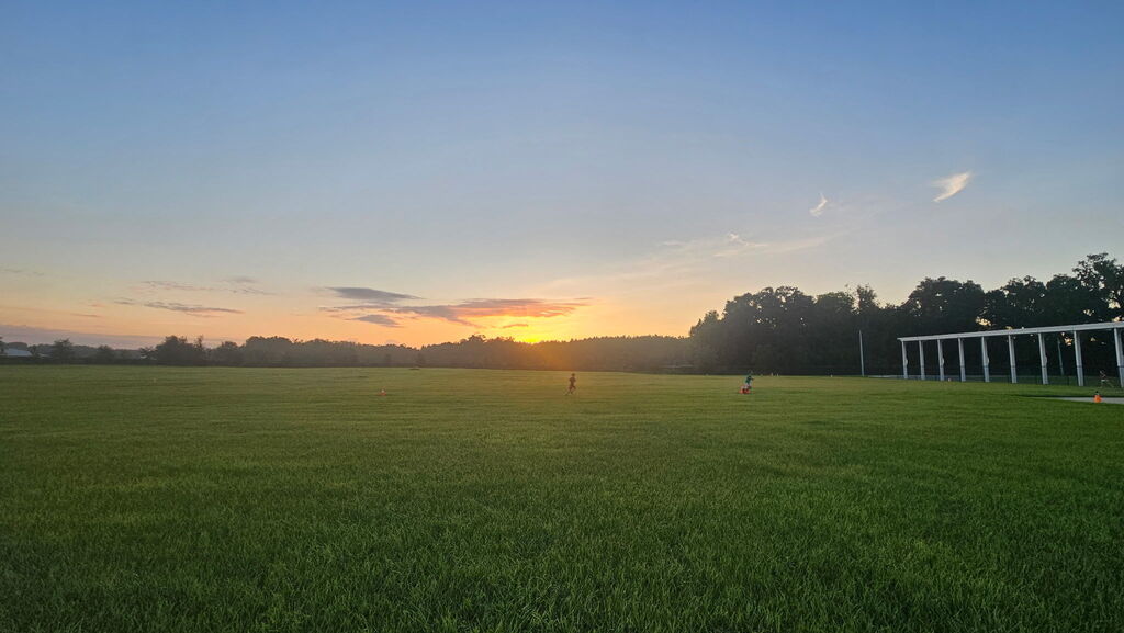 grassy field with a sunrise and students running in the distance