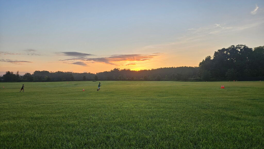 grassy field with a sunrise and students running in the distance