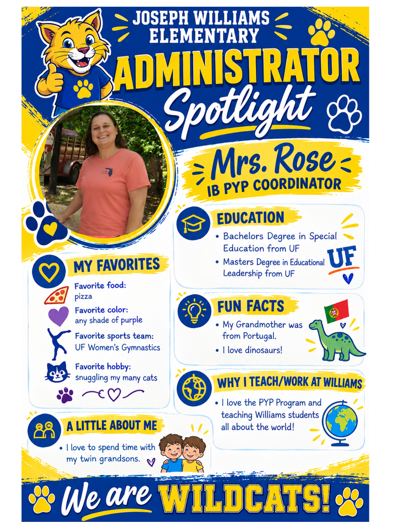 Blue and yellow school administrator spotlight flyer featuring Joseph Williams Elementary Wildcat-theme