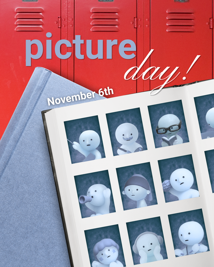 Playful Picture Day graphic with red school lockers and an open album of nine cute white character portraits, labeled “November 6th.”
