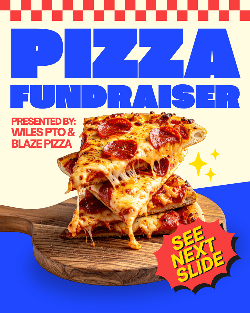 Bold pizza fundraiser poster with a tall stack of gooey pepperoni slices on a wooden board, red-and-blue checkerboard trim, and “See Next Slide” burst; playful, appetizing tone.