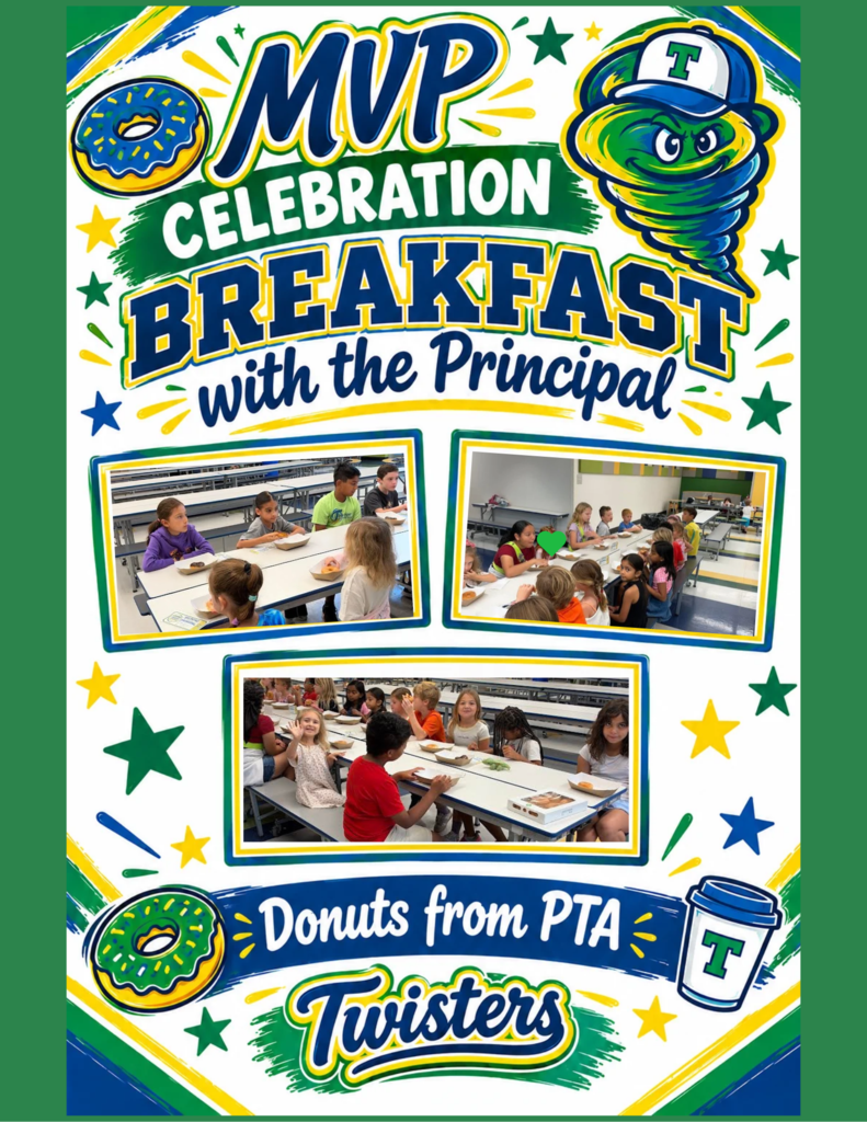 green blue and yellow background with pictures of students at tables eating donuts
