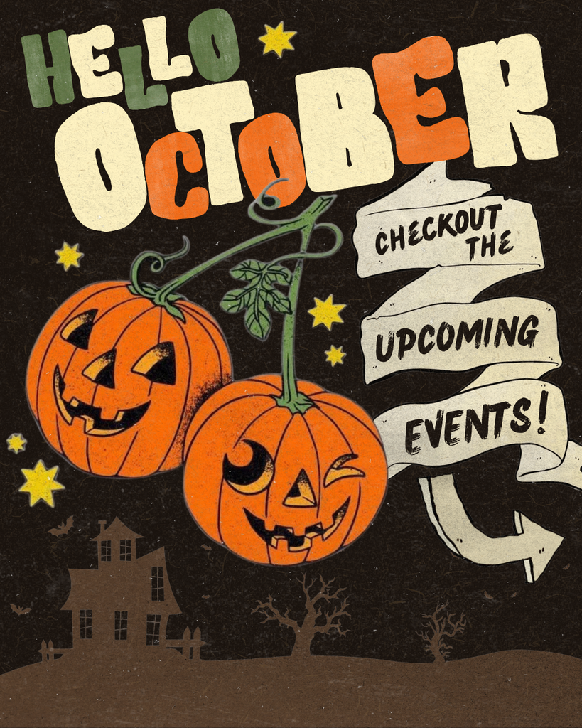 Playful vintage Halloween poster with two grinning orange jack-o’-lanterns, yellow stars, and a spooky house beneath bold “Hello October” lettering; a ribbon invites viewers to see upcoming events.