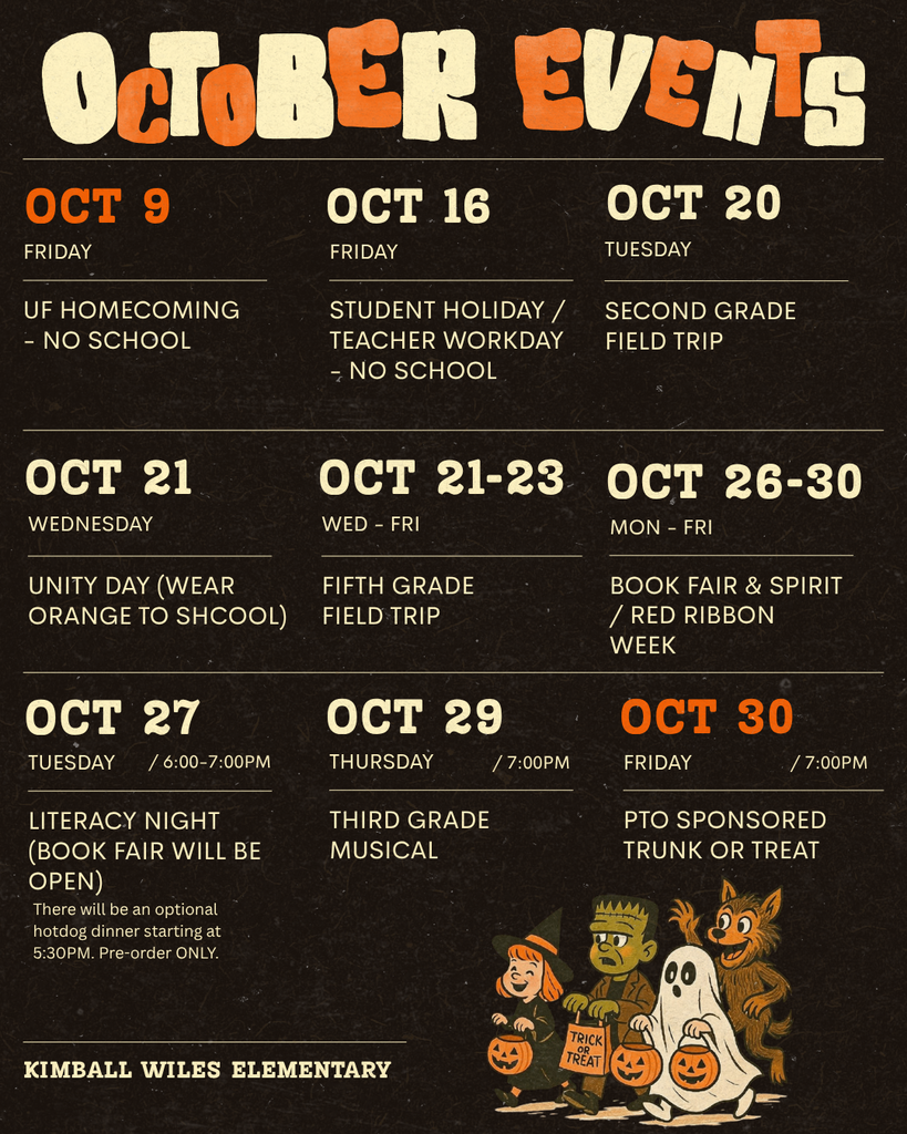Vintage-style Kimball Wiles Elementary calendar lists October school events, including holidays, field trips, book fair, a musical, literacy night, and Oct. 30 trunk-or-treat, with playful Halloween characters along the bottom.