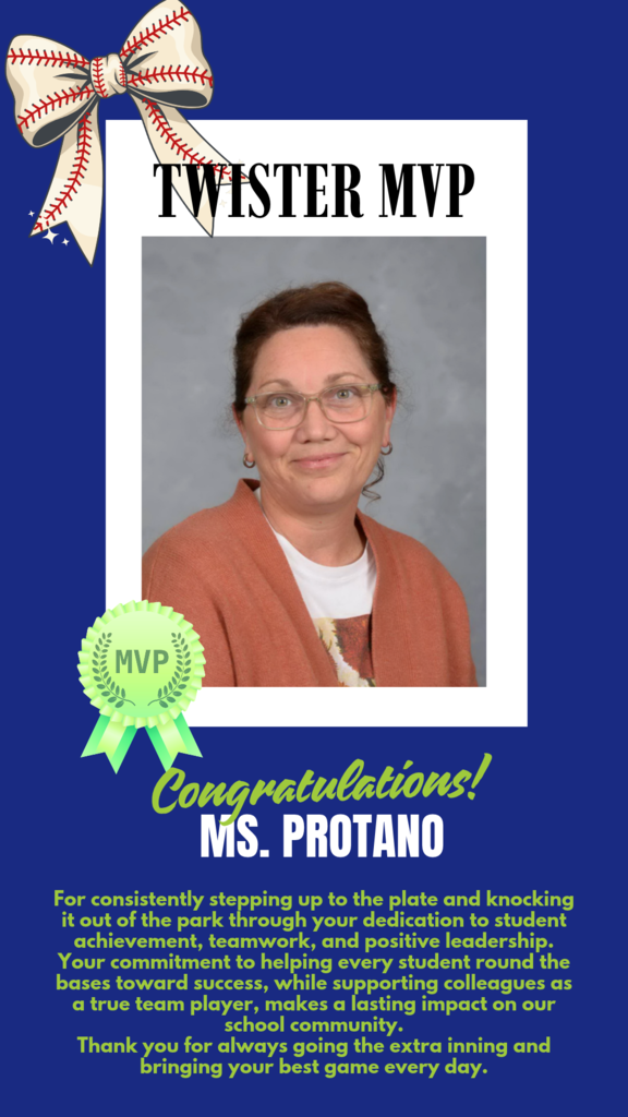 picture of a teacher with a MVP ribbon and a bow on a blue background
