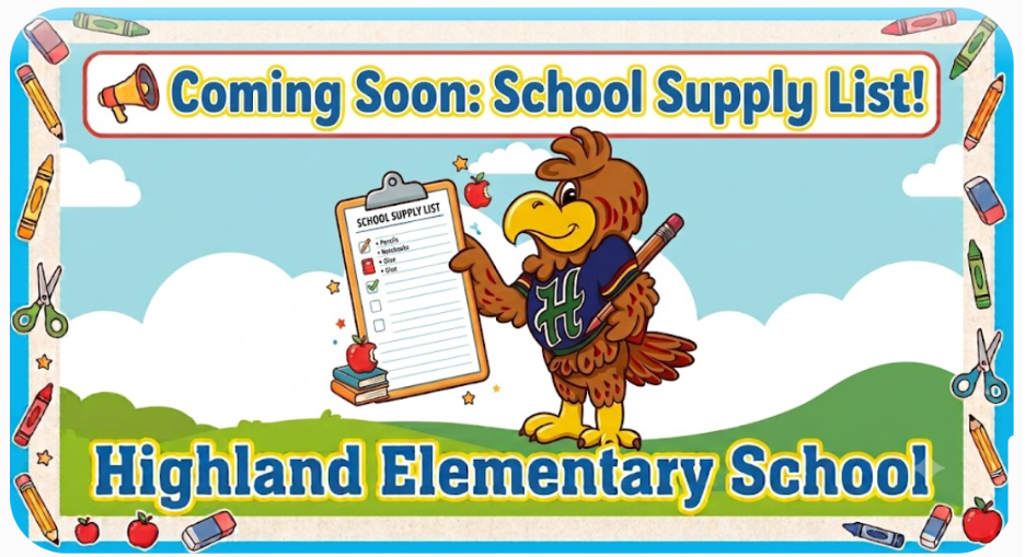 hawk looking at a clipboard of a supply list. banner says coming soon: school supply list