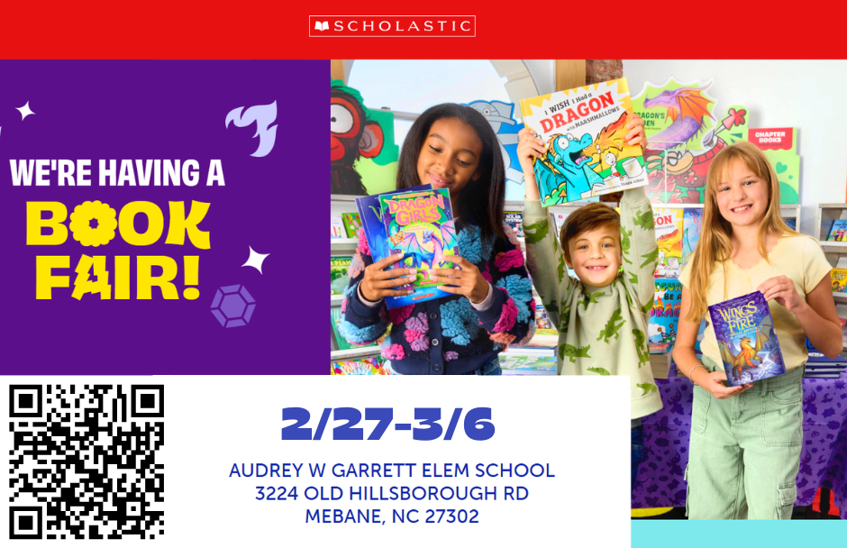 Book Fair Banner Image stating the dates when the Fari will be at our School . Next to the dates there is a QR code. Above that you can see three children: two girls and a boy in the middle. All of them are holding books. On the upper part of the image there is a tab that runs from side to side and has the Scholastic logo in the center,.