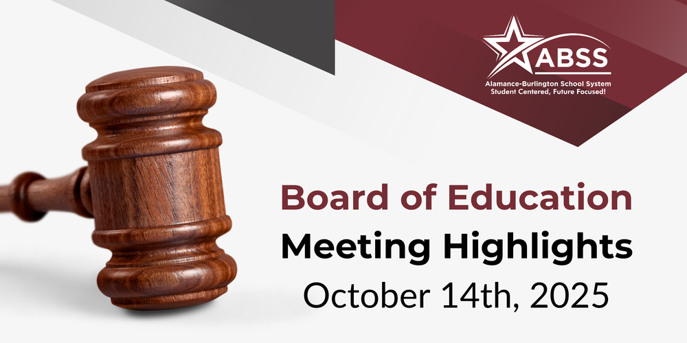 Board of Education News October 14th, 2025 text over a solid gray background, other shape elements overlaid, on the right is a photograph of a gavel
